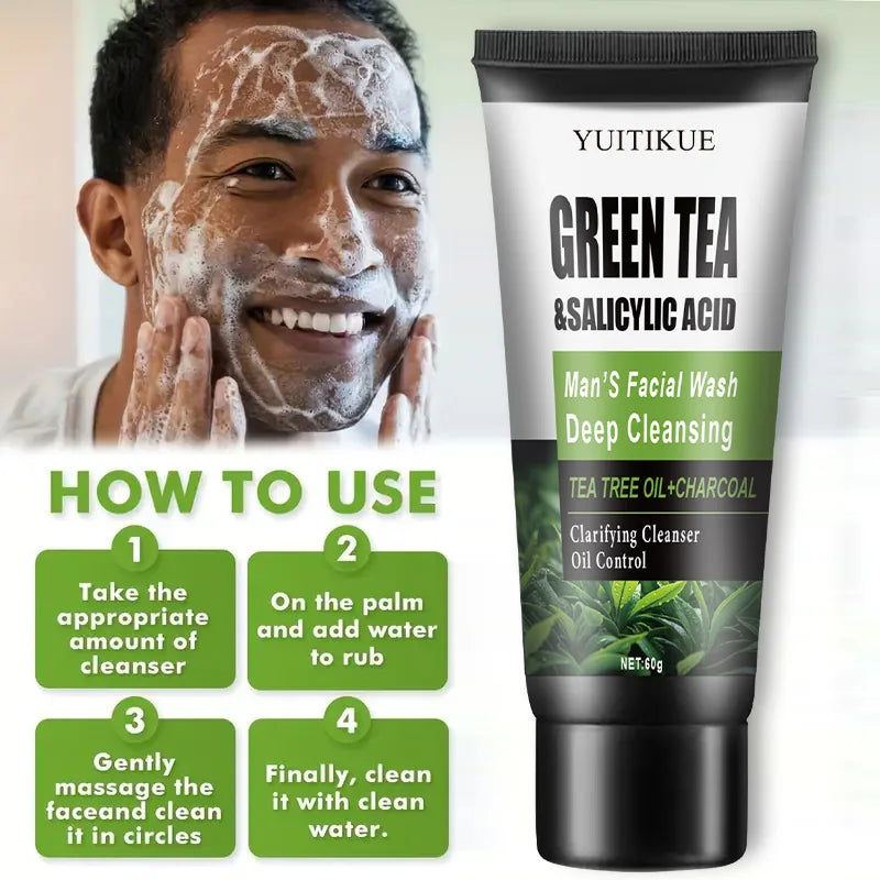 YUITIKUE Men's Facial Wash 60g - Green Tea & Salicylic Acid, Deep Cleansing, Oil Control, Tea Tree & Charcoal, For Men