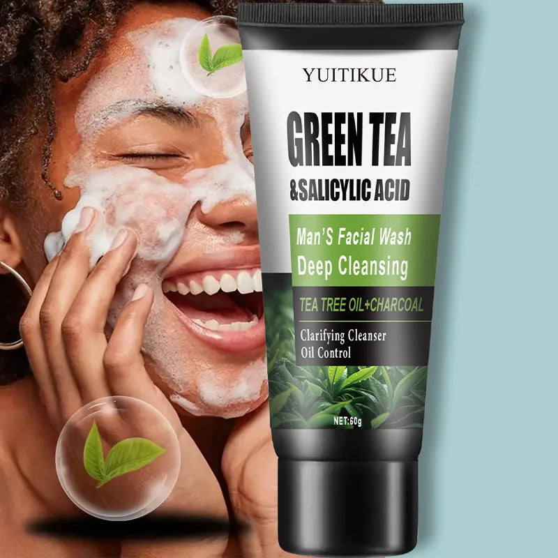 YUITIKUE Men's Facial Wash 60g - Green Tea & Salicylic Acid, Deep Cleansing, Oil Control, Tea Tree & Charcoal, For Men